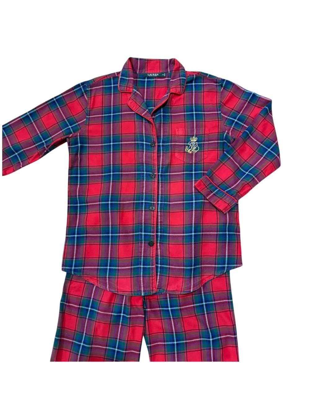 Lauren Ralph Lauren Women’s M Flannel Pajamas Plaid Holiday Embroidered Crest